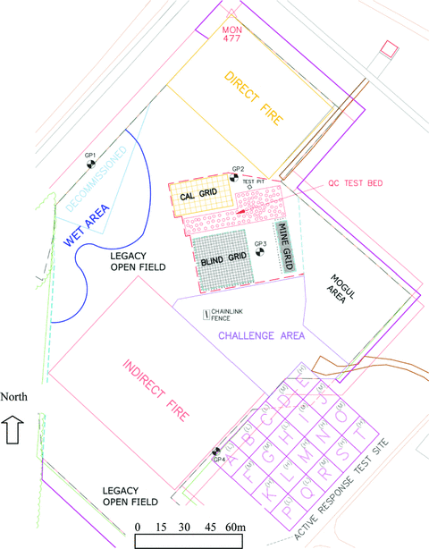 Layout of the standardized UXO test site at the Aberdeen Proving Ground, Maryland. The calibration grid (labelled ‘CAL’ in the figure), Blind Test grid and the Direct Fire and Indirect Fire areas were surveyed. North direction is aligned with vertical side of figure.