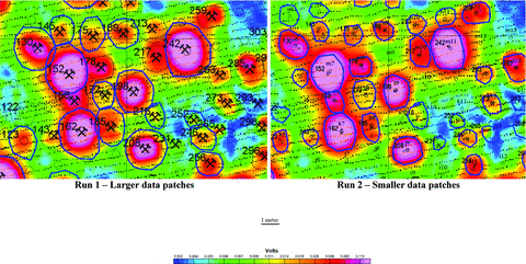 Illustration of reduction in patch size resulting in reduction of data containing noise from Run 1 to Run 2.