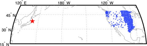 Epicentre of the 2011 Tohoku earthquake (red star) and the stations (blue triangles) in the western and central United States used for the iterative backprojection.