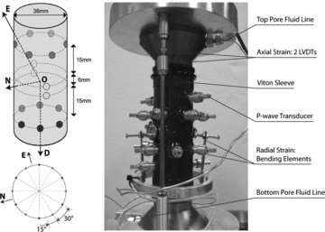 Spatial arrangement of the array of P wave ultrasonic transducers attached directly to the lateral surface of the shale sample through a Viton sleeve.