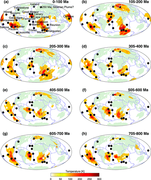 The superimposed 5-Myr time sequences of positive heterogeneity (T≥ 100 K) at the depth of 220 km obtained by the M2-HP (plates) model at different time windows (Ma): 0–100 (a), 105–200 (b), 205–300 (c), 305–400 (d), 405–500 (e), 505–600 (f), 605–700 (g) and 705–800 (h). The black circles show the location of present-day hotspots (Courtillot et al. 2003).