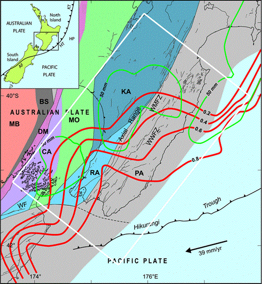 Tectonic setting of the southern Hikurangi subduction zone. Red contours show the interseismic coupling coefficient at the plate interface (Wallace et al. 2012), whereas the green contours enclose regions where the total slip in slow slip events at the plate interface has exceeded 50mm since 2002 (Wallace & Beavan 2010). Terranes in the overlying plate are shown coloured, namely: BS, Brook Street; CA, Caples; DM, Dun Mountain; KA, Kaweka; MB, Median Batholith; MO, Morrinsville; PA, Pahau; RA, Rakaia. Faults mapped at the surface are shown as thin lines, with the major fault zones identified, namely: WF, Wairau fault; WMFZ, Wellington–Mohaka fault zone; WWFZ, Wairarapa–Waewaepa fault zone. The arrow shows the velocity of the Pacific Plate relative to the Australian Plate (DeMets et al. 2010). The white line outlines the area shown in Fig. 8. The inset shows the location of the study area on the Pacific/Australian plate boundary: AF, Alpine Fault; HP, Hikurangi Plateau; HT, Hikurangi Trough; KT, Kermadec Trench.