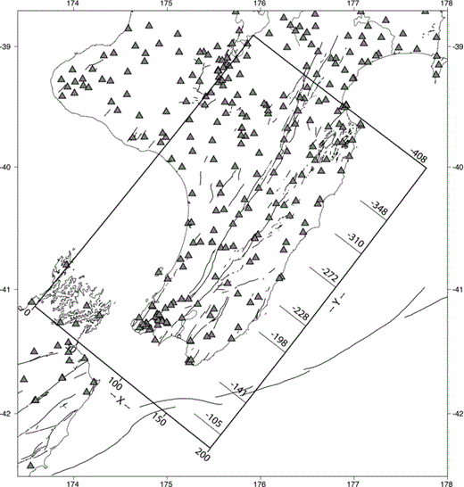 Stations used in the velocity inversion, a combination of permanent GeoNet stations and various temporary arrays. The rectangle shows the study area, with the locations indicated of cross-sections of Fig. 10.