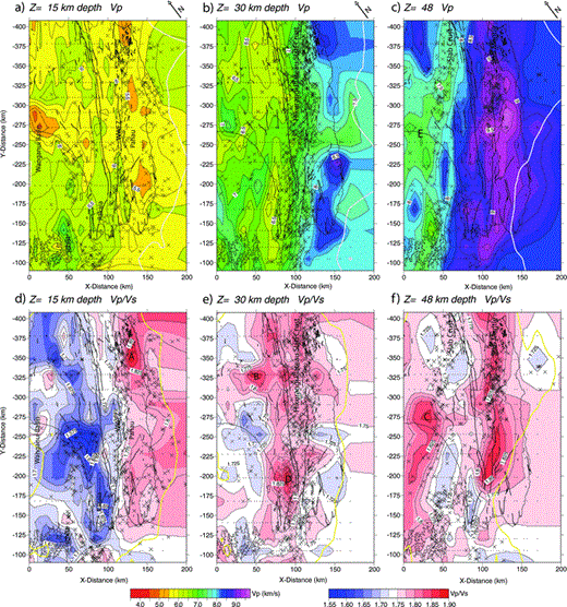 Map views of inversion results for Vp (top) and Vp/Vs (bottom) at depths of 15, 30 and 48km, with white or yellow lines showing limit of good resolution, as represented by SF = 3.5 contour (see Fig. 9), ‘x’ show inversion hypocentres near each depth. Letters A–E indicate features discussed in the text.