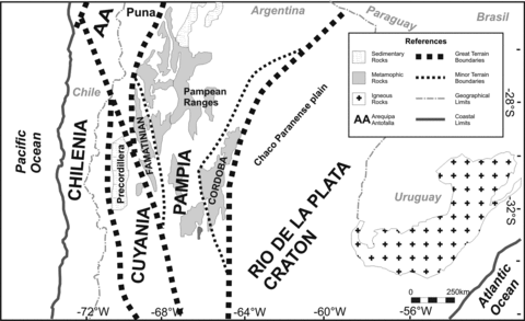 Terrain boundaries and main geological provinces of the study area.