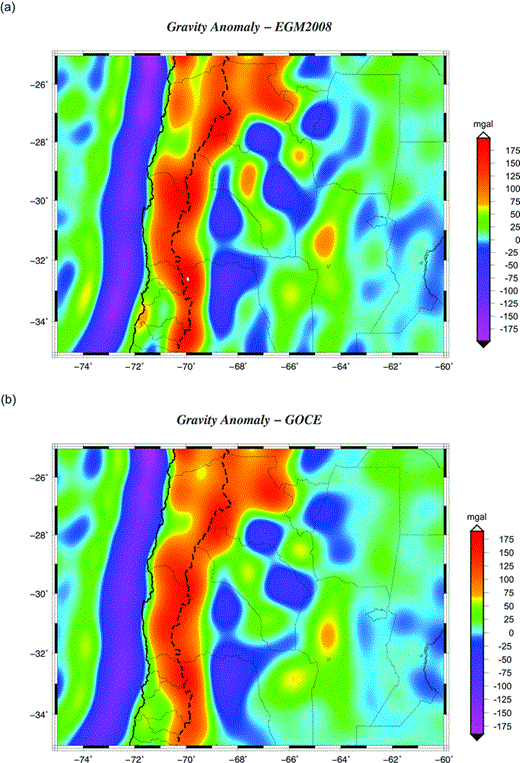 Quality control of the EGM08 gravity model, which combines terrestrial and satellite data, with GOCE satellite-only-derived gravity model. Maximun degree and order N = 250. (a) Gravity anomaly obtained with EGM08. (b) Gravity anomaly obtained with GOCE. National borders: dashed lines; province borders: thin black lines; coastal borders: black lines.