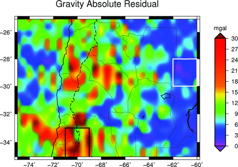 Absolute difference between the two fields. The black square shows the area (over the Andes) with erroneous data. The white square shows the area (over the plain) with good data. National borders: dashed lines; province borders: thin black lines; coastal borders: black lines. The differences between the two fields are due to erroneous terrestrial data or lack of it in the EGM08 model.