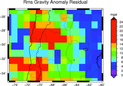 Root mean square of the gravity residual on 1°× 1° tiles.