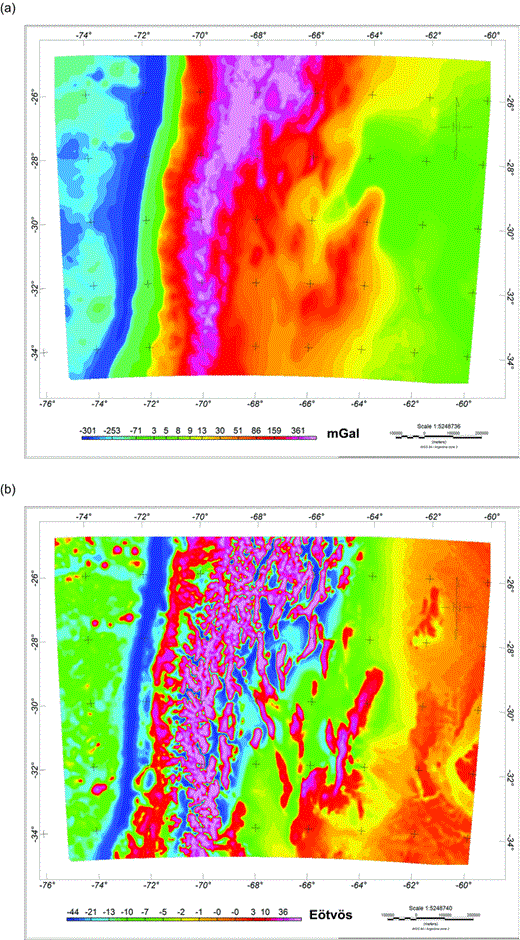 Topographic correction obtained from a DEM (ETOPO1). (a) Topographic correction for gravity anomaly. (b) Topographic correction for Tzz.