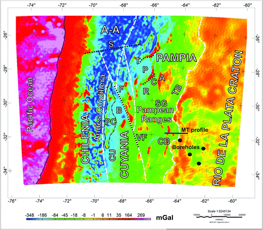 Gravity Map anomaly corrected by topography for EGM08 model up to degree and order N = 2159. Lineaments: C, Catamarca; S, Salado; T, Tucuman; TB, Transbrasiliano; VF, Valle Fértil Desaguadero. Terranes: AA, Arequipa Antofalla; F, Famatina; PC, Precordillera. Basins: B, Bermejo; CU, Cuyana; P, Pipanaco; R, Valle de la Rioja; SG, Salinas Grandes. Minor saws: A, Ancasti; CB, Cordoba. MT profile is from Favetto et al. (2008), boreholes are from Rapela et al. (2007). Terrain boundaries depicted as dashed line; Great lineaments depicted as dotted line; Precordillera: dot and dashed line; Chile trench: continuous line.
