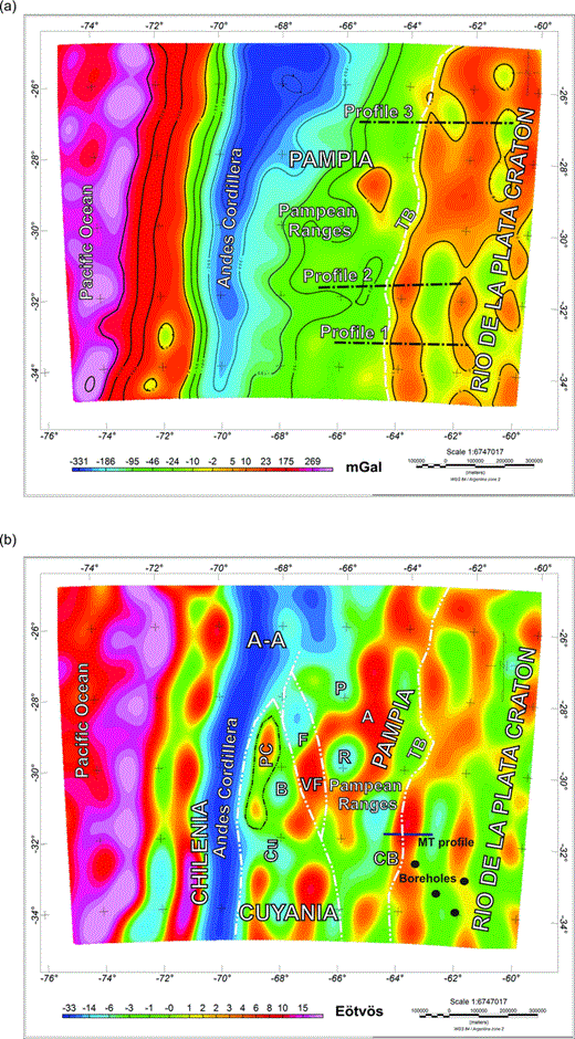 (a) Map of the gravity anomaly corrected by topography for the model GOCE up to degree and order 250. Profiles shown in Fig. 15 depicted as dot and dashed line; Craton boundary: dashed line; Chile trench: continuous line. (b) Map of the Tzz corrected by topography for the model GOCE up to degree and order 250. Rio de la Plata craton boundary: double dot and dashed line (as is not clearly detected in Tzz).