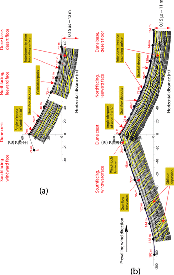 Internal structure of the Dumont dune measured with 200 MHz ground penetrating radar: (a) 2007 May 29, characterized by grainflow cross-strata and deposits and (b) 2008 June 2, characterized by continuing grainflow cross-strata along the entire length of the windward face. The profile is scaled with the radar velocity such that the time coordinate is twice the spatial coordinate. The yellow lines follow the local reflection profiles and are added for interpretation.
