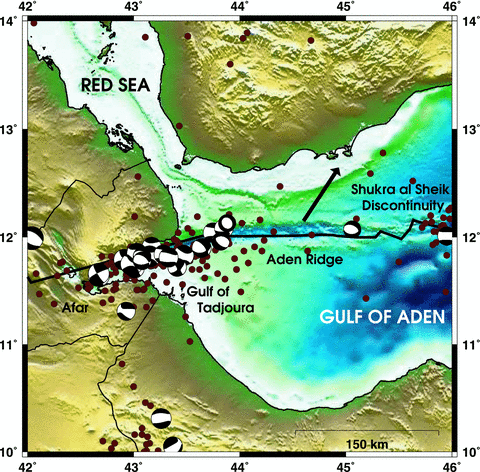 Map of the western Gulf of Aden and surroundings. The Carlsberg Ridge lies east of the Shukra al Sheik discontinuity, outside the frame of the figure. Maroon dots mark the locations of earthquakes in the NEIC catalogue (1973–2010). Focal mechanisms are from the Global CMT catalogue (1976–2010). All seismic data plotted covers the entire period of the catalogues before the start of the earthquake swarm. Plate boundary information is from Bird (2003). The plate motion vector for the Arabian plate relative to the Somalian plate (1.6 cm yr–1 at N34°E) is from MORVEL (DeMets et al. 2010). Topography and bathymetry is plotted from the GEBCO_08 Grid, version 20100927, .