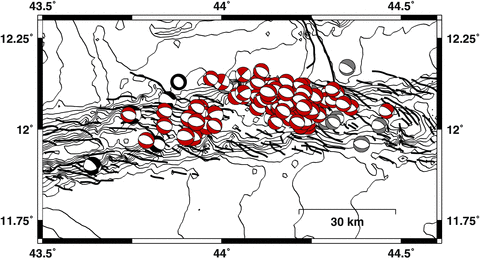 Focal mechanisms for the western Gulf of Aden. Black focal mechanisms are pre-swarm earthquakes from the Global CMT catalogue. Focal mechanisms for the sequence that began on 2010 November 13 are plotted in red and grey, with only the double-couple component shown. The best-constrained focal mechanisms are plotted in red, and the less well-constrained focal mechanisms are plotted in grey. Black lines show fault traces from Dauteuil et al. (2001). Bathymetry from GEBCO is plotted in 100-m contours.
