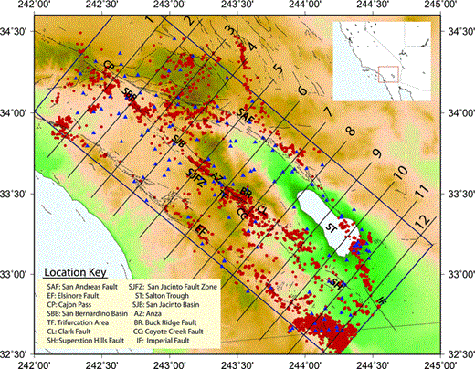 Location map for the San Jacinto fault zone (SJFZ) environment with 5493 Mw > 2.2 earthquakes from the SCEDC catalogue (red circles), seismic stations (blue triangles) and surface traces of large faults (black lines). The box outlines the region parametrized in the inversions for Vp and Vs seismic velocities. The background colours indicate topography with brown being high and green being low. Localities of interest are labelled as shown in the location key. Map view for different depth sections of the area are shown in Figs 4 and 5. Cross-sections of velocities along profiles 1–12 are shown in Figs 6 and 7.