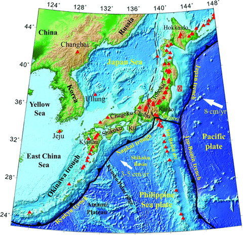 Map showing the tectonic setting in and around the Japan islands. The colours show the surface topography. Red triangles show the active volcanoes. The red star denotes the epicentre of the great 2011 Tohoku-oki earthquake (Mw 9.0). The solid and dashed black lines show the major plate boundaries.