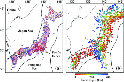 (a) Distribution of seismic stations used in this study. The blue and red crosses denote the stations belonging to the J-array and the High-Sensitivity Seismic Network (Hi-net), respectively. (b) Epicentral distribution of the local earthquakes used in this study. Different colours denote the focal depths and the colour scale is shown at the bottom.