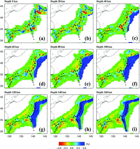 Map views of P-wave tomography. The layer depth is shown above each map. Red and blue colours denote low and high velocities, respectively. The velocity perturbation (in per cent) scale is shown at the bottom. Black triangles show the active arc volcanoes.