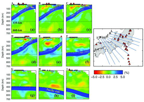 The same as Fig. 7 but for different vertical cross-sections as shown on the inset map.