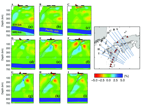 The same as Fig. 7 but for vertical cross-sections beneath western Japan as shown on the inset map. The estimated upper boundary of the subducting Philippine Sea slab is shown by a dashed line in each cross-section.