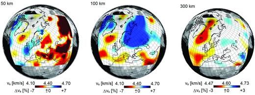 Horizontal slices through the isotropic S velocity, $v_{{S}}=\frac{1}{3}v_{{\small SV}}+\frac{2}{3}v_{{\small SH}}$, in the initial model m0 at 50, 100 and 300 km depth. Colour scales are the same as in Fig. 11, which shows the final model m42.