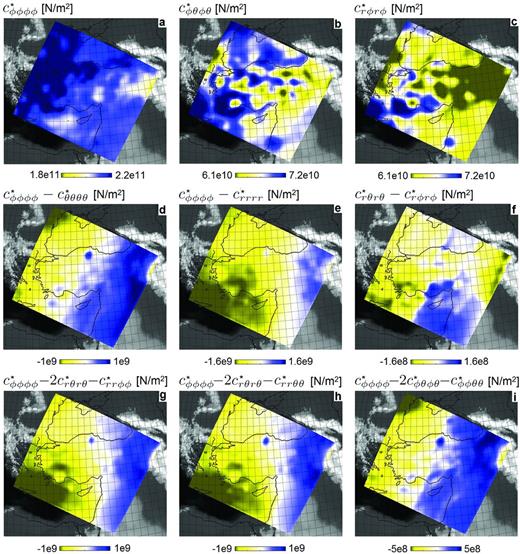 Horizontal slices at 50 km depth through the 3-D distributions of the smoothed model (ρ*, c*) that is long-wavelength equivalent to the original model (ρ, c) shown in Fig. 7. The horizontal and vertical smoothing lengths are 70 km and 24 km, respectively. This type of smoothing ensures that (ρ, c) and (ρ*, c*) produce nearly identical solutions for periods above ∼30 s. Panels (a)–(c) can be directly identified as smoothed versions of panels (a)–(c) in Fig. 7. The parameter differences shown in panels (d)–(i) are now different from zero but still 1–3 orders of magnitude smaller that $c^*_{\phi \phi \phi \phi }$, $c^*_{\phi \theta \phi \theta }$ and $c^*_{r\phi r\phi }$. This indicates that the upscaling introduces a more general form of anisotropy, which remains relatively mild in this specific case.