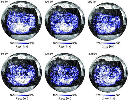 Resolution length for isotropic S velocity structure in N-S direction, $\lambda _{{\rm\small NS}}$, (top row) and in E–W direction, λEW, (bottom row) at various depths in the complete tomographic model. The resolution lengths are defined as the half-widths of the tomographic point-spread function in a specific direction. At 50 km depth, resolution lengths are ∼100 km throughout most of central Europe. Due to sparser coverage, resolution lengths are generally larger beneath far-eastern Europe and the Atlantic. Resolution lengths increase with increasing depth because of the diminishing constraints from surface waves that mostly determine shallow structure.