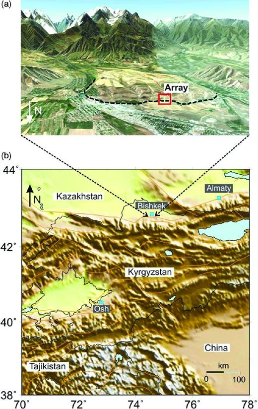 (a) Satellite image showing the southern outskirts of Bishkek facing the Ala-Too range. The topography is exaggerated by two times. Location of the array measurement is indicated. The dotted line shows the Issyk-Ata fault following Chediya et al. (2000). Google Earth, © 2012, CNS Spot Image © 2012, Digital Globe © 2012. (b) Map of Central Asia. Major faults are mapped in orange.