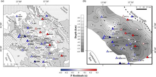 Comparison of improved station corrections with (a) a schematic geological map of Campania–Lucania region, and (b) the topography of the top of the Apulian Carbonate Platform (from Improta et al.2003).