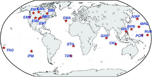 Magnetic observatory network with observatories from the ‘IQSY’ (white dots) and recently installed non-permanent and permanent observatories (red stars) which improve the coverage especially in oceanic sites and the Southern Hemisphere. See text for details.