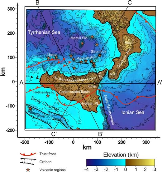 Topographic map of the study region reporting the main tectonic and geographic elements. The black lines (A–A′, B–B′ and C–C′) are the traces of the tomographic vertical sections shown in Fig. 12. TFL is the Tindari-Letojanni strike-slip system whereas ASP is the Aspromonte mountain.