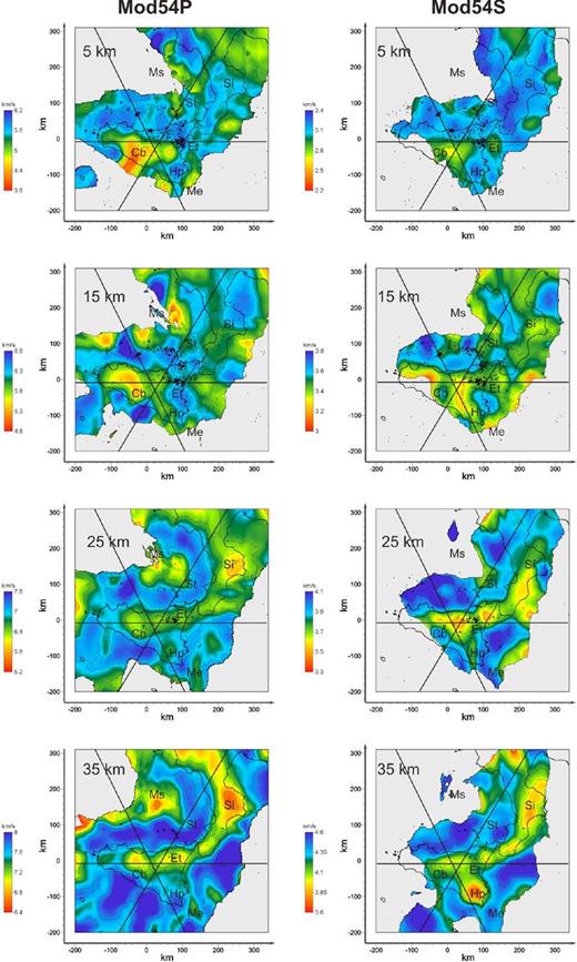 Horizontal sections of mod54P (left) and mod54S (right) at 5, 15, 25 and 35 km of depth. Only the part of the models with DWS > 200 are displayed. Black dots represent the relocated earthquakes projected onto the horizontal slices within ±5 km. Contour lines of the seismic velocities are of 0.5 km s−1 and 0.25 km s−1 with respect to the mean value of the corresponding VP and Vs sections, respectively. Legend: Cb, Caltanissetta basin; Ms, Marsili Seamount; St, Stromboli; Si, Sila; Et, Etna; Hp, Hyblean Plateu; Ma, Malta escarpment.