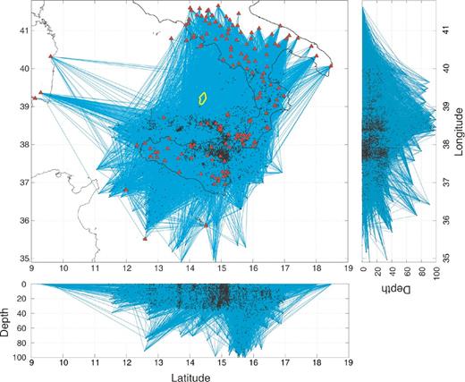 P-wave ray paths for the data set 81_09 traced for a homogeneous medium. In yellow is reported the position of the Marsili seamount.