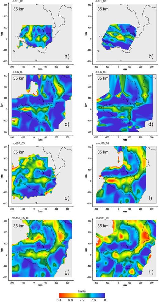 Horizontal sections at 35 km depth of representative DD models and intermediate WAMs. Only the parts of the models marked by DWS > 100 are shown; (a) DD VP model calculated using the data set 81_05 and reference inversion grid (N01 in Appendix A); (b) DD VP model obtained using a grid rotated of 60° counter-clockwise (N06 in Appendix A); (c) DD VP model calculated with the 06_09 data set and reference inversion grid (N26 in Appendix A); (d) DD VP model obtained using a grid rotated of 60° counter-clockwise (N23 in Appendix A); (e) Equivalent section of the WAM mod81_05; (f) Equivalent section of the WAM mod06_09; (g) Equivalent section of the WAM mod81_05_09 calculated using 39 standard DD models; (h) Equivalent section of the WAM mod81_09 calculated using 15 standard DD models.