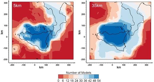 Horizontal sections at 5 and 35 km depth showing the number of DD models used to calculate the P-wave seismic velocities with the WAM method.