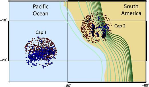 Two sample caps near South America. The BPs for SS (red triangles) and P′P′ (blue circles) are grouped into two caps (Cap 1 and 2) that sample the southeastern Pacific Ocean basin and Nazca-South American subduction zones, respectively. Cap 1 contains 778 SS and 381 P′P′ traces, while Cap 2 contains 469 SS and 276 P′P′. Subducted lithosphere is represented by green contours (Gudmundsson & Sambridge 1998).
