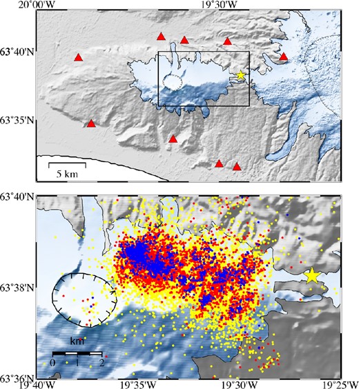 (Top panel) Map showing the closest seismometer locations (red triangles) around Eyjafjallajökull (see Fig. 8 for location); more distant stations were also used. Box shows outline of bottom map. (Bottom panel) Map view of over 20 000 CMM earthquake locations recorded during 2010 March 5–20 before the eruption of Eyjafjallajökull volcano in Iceland began on 2010 March 20. Events are colour coded by signal-to-noise ratio (SNR) for this parameter set in CMM: yellow events have 2.0 ≤ SNR ≤ 2.5; red 2.5 < SNR ≤ 3.5; blue SNR > 3.5. Grid-node spacing was 400 m. STA/LTA window lengths were 0.2 and 0.6 s, respectively. The data were bandpass filtered between 4 and 25 Hz. Yellow star shows location of fissure eruption on 2010 March 20, which preceded the main eruption from the summit crater (tick-marked outline) that began on 2010 April 14.