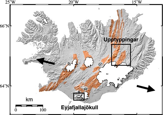 Map showing locations of areas in Iceland from which examples are drawn in this paper. Brown shaded areas are rift zones (after Einarsson & Sæmundsson 1987), and arrows show direction of plate spreading, which here is at a full rate of 20 mm a−1.