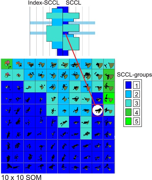 Self-organizing map: Each square of the map represents one node. Each node of the SOM reflects a specific spectral composition, which is displayed as a pie chart. The size of each portion is related to the intensity of the log response. The node colour represents the respective iSCCL group. Dots on the spectra of each square represent samples that define a node. The closer the dots are to the centre of the square, the closer their properties are to those of the index node. During processing the node responsible for the classification of a specific depth to one of the five clay content groups can be displayed. The corresponding node is marked with a white circle in the SOM and the depth interval is highlighted in light blue. By comparing for each group the probability to fit a node, poorly defined nodes can be redistributed to a different group.