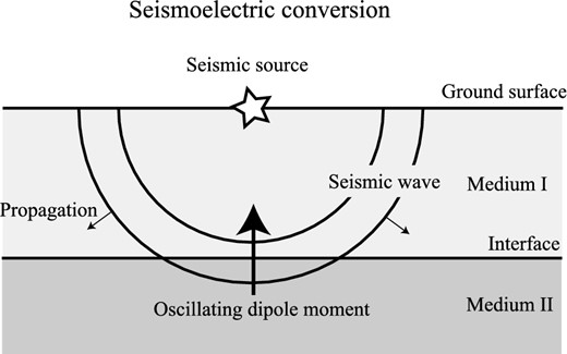 The seismoelectric conversion (called sometimes the interface response) results from the generation of an unbalanced source current density at an interface during the passage of a seismic wave. The divergence of the source current density at the interface is mathematically similar to an oscillating dipole moment generated at the interface in the first Fresnel zone. The star represents the position of the seismic source.