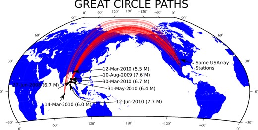 Epicentre locations of events listed in Table 2. Great circle paths are drawn to some of the USArray stations. Before SVI processing the stations and events should be selected such that they are located on the Fresnel ribbon of the same great circle.