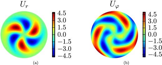 Equatorial slices of (a) the radial component ur and (b) the azimuthal component uφ of the velocity field for Benchmark 1. The velocity field is equatorially antisymmetric and thus the latitudinal component uθ is zero in the equatorial plane.