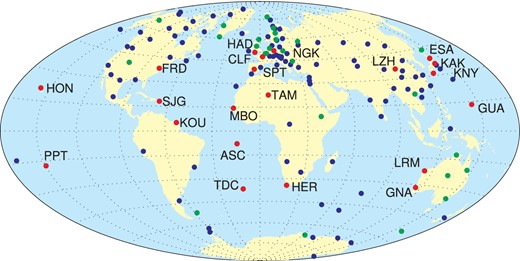 Location of the 146 magnetic observatories used in this study (circles). Emphasized (green or red symbols) are the 43 observatories that provided quasi-definitive (cf. Peltier & Chulliat 2010) data in 2013, out of which 21 observatories (red dots with three letter code given) were used for calculating the RC index.