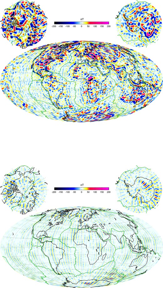 Top panel: map of the radial lithospheric magnetic field at ground, calculated from coefficients of degrees n = 16–85. Bottom panel: radial field differences between CHAOS-4 and MF7.