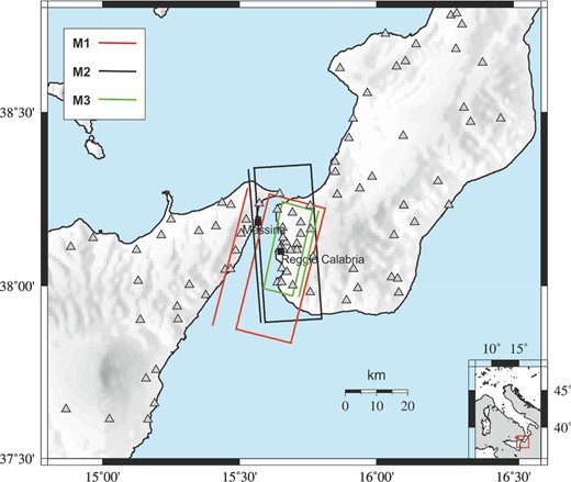 Geographic map showing the Messina Straits area. The 100 sites selected for the analyses presented in this study are also represented (triangles). The rectangles indicate the surface fault projection of the three investigated models for the source of the 1908 earthquake: M1 (Boschi et al.1989; red); M2 (Capuano et al.1988; De Natale & Pingue 1991; see text for details; black); M3 (Aloisi et al.2013; green), while the colour lines indicate the intersection of the upward prolongation of the fault with the Earth's surface.