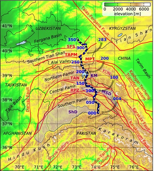 Map of the Pamir-Southern Tian Shan region. Blue and white circles indicate broad band and long period MT stations (in total 177 stations). Stations labelled 004, 100, 200 and 283 are discussed in detail in the text. The locations of major faults, sutures and gneiss domes are plotted with red and dashed lines (after Schwab et al.2004; Robinson et al.2007; Schmidt et al.2011; Lukens et al.2012). KM, Karakul-Mazar Unit; KUN, Kunlun Suture; MPT, Main Pamir Thrust; MSD, Muskol-Shatput Domes; RPZ, Rushan-Pshart Suture Zone; ShD, Shakhdara Dome; SFS, South Fergana Suture Zone;, Tanymas Suture Zone; TAPM, Turkestan-Alai Passive Margin.