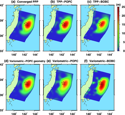 Fault slip distributions for the 2011 Tohoku earthquake inverted from different permanent coseismic displacements obtained by different strategies: (a) converged PPP; (b) TPP-POPC; (c) TPP-BOBC; (d) variometric-POPC geometry; (e) variometric-POPC and (f) variometric-BOBC.