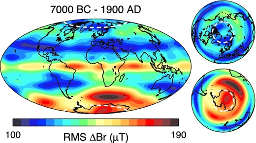 The rms radial field component (Br) residuals at the core mantle boundary (CMB) between 1000 different reference field models and models constrained by associated synthetic data sets for every 50 yr between 2000 BC and 1900 AD (see text for a more detailed description). The dashed white lines show the CMB expression (∼71° N/S) of the inner core tangent cylinder.