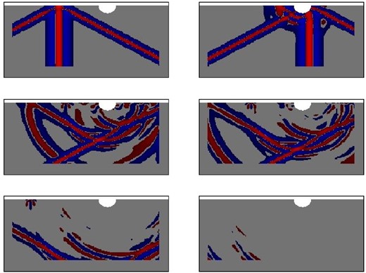 Snapshots of the horizontal component of the total displacement vector in the main domain represented by the white elements in the mesh shown in Fig. 5(b). The time steps represented go from 200 to 7200 from left to right and then top to bottom, with an interval of 1600 time steps. Positive values are represented in red and negative values in blue.