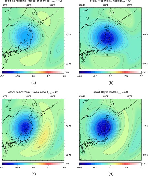 Coseismic geoid height changes predicted by the Hayes (2011) and Hooper et al. (2013) slip models, truncated at lmax = 40. Panels on the left show results without taking into account horizontal ocean floor displacement and subsequent bathymetry change. Panels on the right do include bathymetry changes resulting from horizontal displacement.